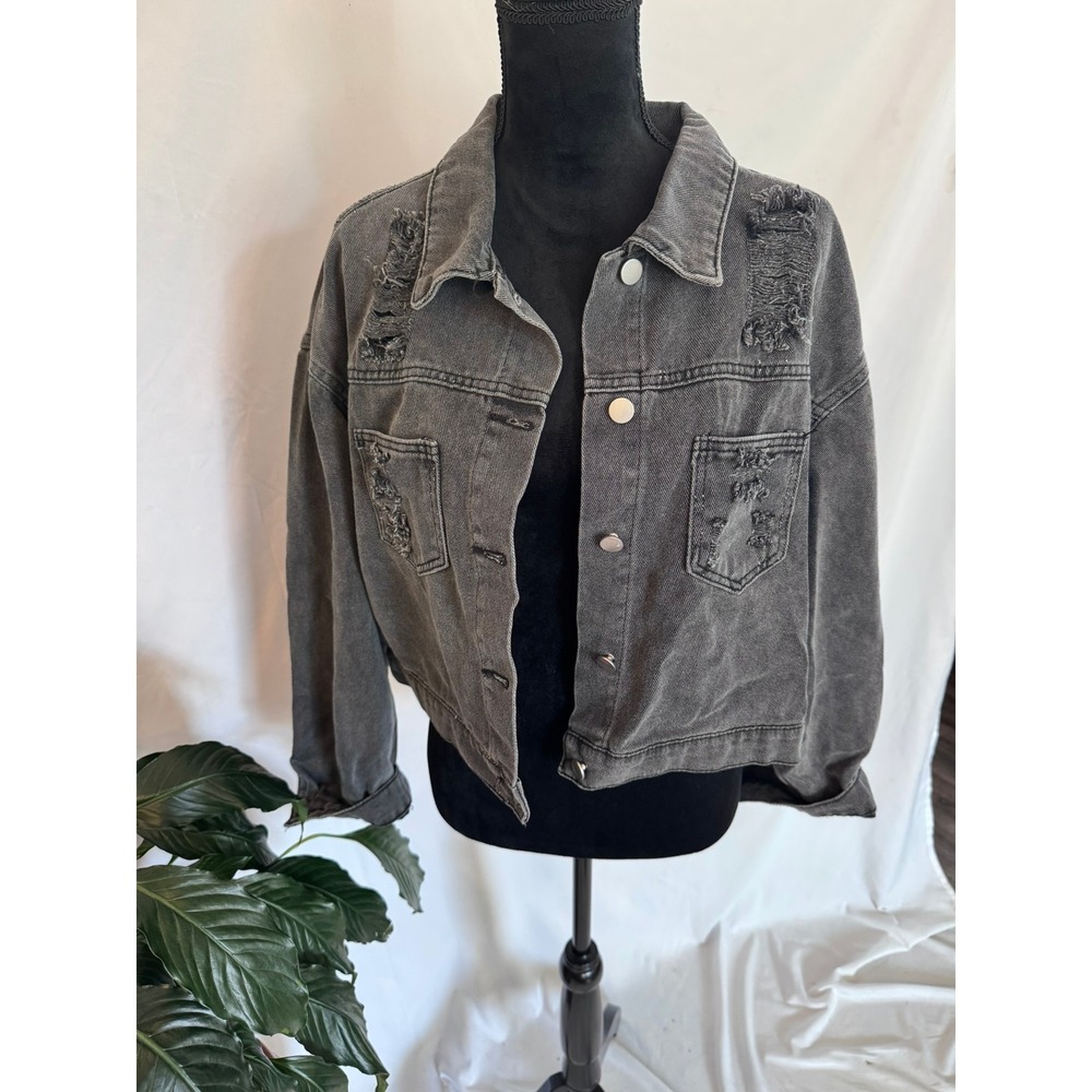 Nash Grey Black Distressed Rhinestone Fringe Denim Jacket Womens L New
